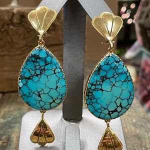 Designer Solid 18K Yellow Gold Turquoise Lever Back Earrings 42.8 Grams